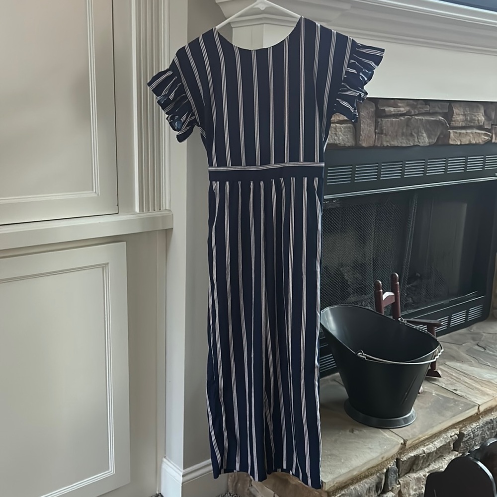 navy blue romper/jumpsuit with pink and white pin stripes | girls size 12